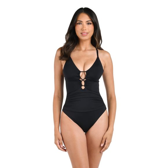 La Blanca Island Goddess Lace Down Underwire One Piece Swimsuit Black 14